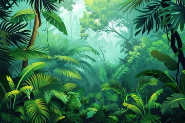 A dense tropical rainforest with diverse flora and fauna