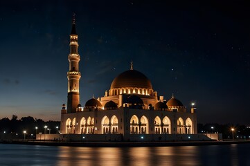 A mosque at night with the lights