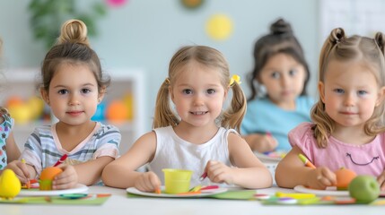 Fototapeta premium Youngsters doing crafts while having a meal, Youngsters, Crafts, Meal