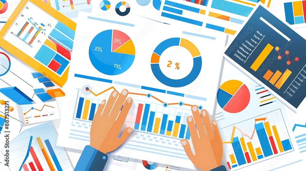 Poster graphic design of businessman working with data analysis document on table for business presentation