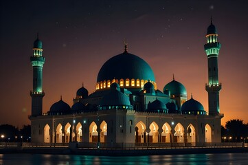 A mosque at night with the lights