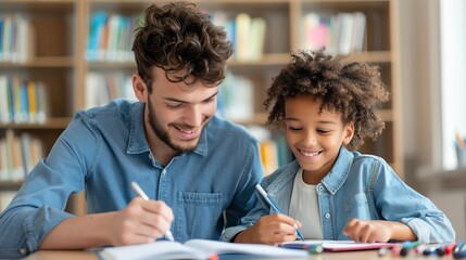 Obraz premium Youth studying in a library with a coach, Youth, Coach, Library