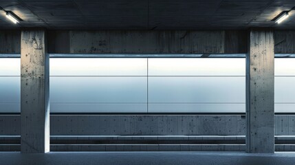 Horizontal white panel beneath a bridge illuminated by two spotlights