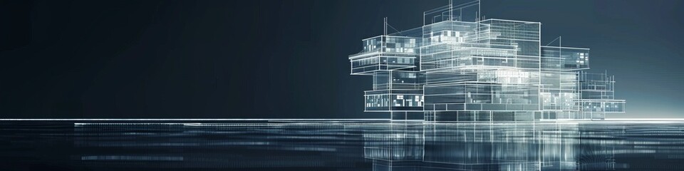 Obraz premium office building with wireframe extensions growing out of construction drawing paper plan with mobile device futuristic ai scenario dark mood dark background 