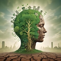 Illustration for the mental health effects concept from the degradation of our environment, global warming and climate change.