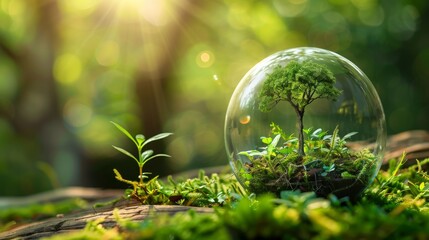 A glass dome protects the plant, safeguarding it from environmental dangers. This symbolizes the critical role of protecting our planet for a sustainable future.