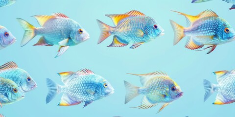 Fototapeta premium Colorful fish swimming in clear blue water. Concept of marine life, aquatic creatures, underwater, ocean wildlife. Copy space. Background