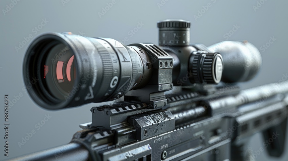 Poster a close-up shot of a rifle with a red aiming dot, suitable for use in hunting or military themes