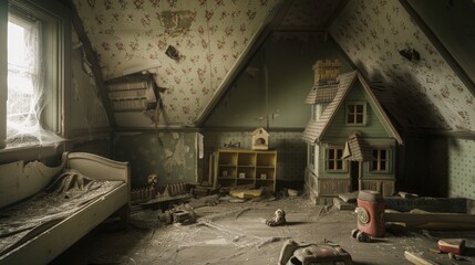 Abandoned attic with old toys and vintage decor. Concept of forgotten childhood, eerie atmosphere, vintage nostalgia, decay, haunted house, scary room, Halloween, abandoned nursery