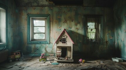 Abandoned attic with old toys and vintage decor. Concept of forgotten childhood, eerie atmosphere, vintage nostalgia, decay, haunted house, scary room, Halloween, abandoned nursery