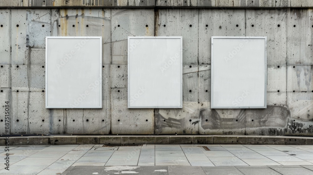 Sticker three white billboards on a concrete wall concept of performance and presentation mock up