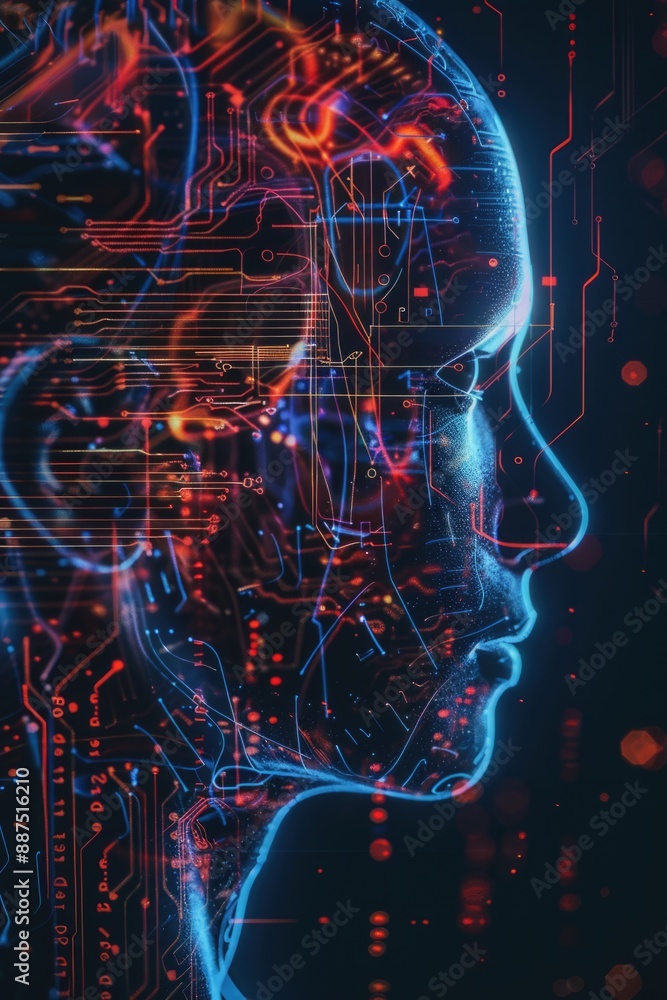 Poster a conceptual illustration of an electronic circuit forming a human head shape, suitable for use in t