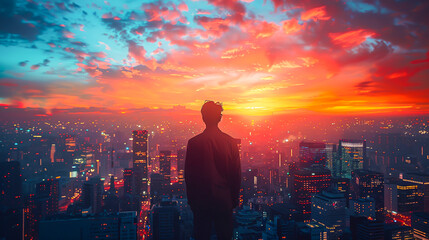 Solitude in the City - Close-up Double Exposure of Lonely Businessman with Vibrant Cityscape Background.