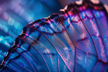 Beautiful abstract background of blue morpho butterfly wing close up. Texture with beautiful iridescent neon colors,