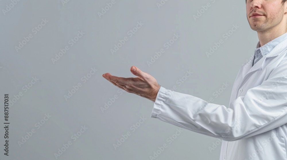 Aufkleber A scientist in a white lab coat holds up his hands, with no objects or instruments in them