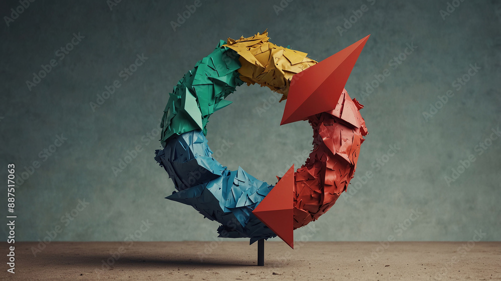 Poster Creative Abstract Sculpture of Colorful Arrows in a Circular Formation on Textured Background