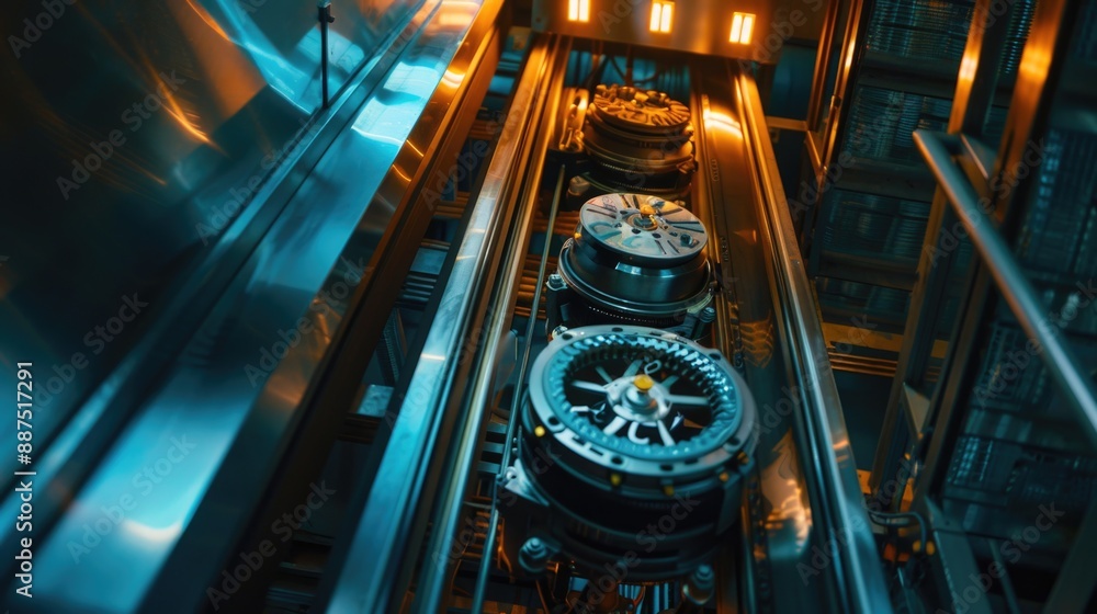 Aufkleber Timekeeping escalator with dual clock faces on either side, suitable for transportation or time-themed concepts