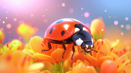   Ladybug resting atop tulip amidst yellow field
