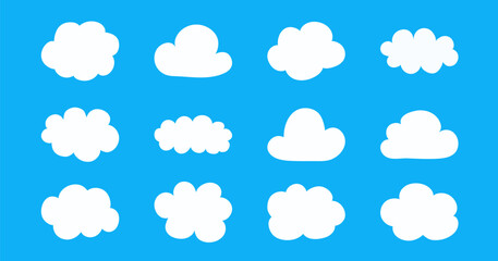 Set with hand drawn cloud icons. Cartoon style weather elements. Vector illustration