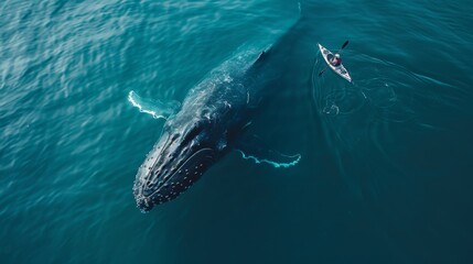 Fototapeta premium Kayaker encounters a humpback whale in serene ocean waters