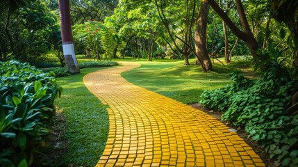 Obraz premium Circular yellow brick path in a serene park, ideal for whimsical and fantasy designs