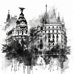 Obraz premium Artistic black and white watercolor splash illustration of madrid skyline with famous buildings and landmarks