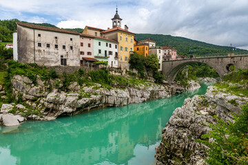 Picturesque Kanal na Soci Town by the Soca River in Summer