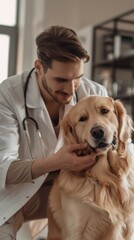 A man in a white coat is petting a dog