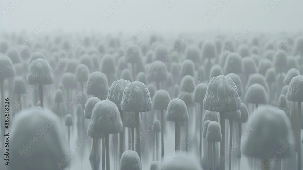 Poster a cluster of mushrooms in a misty meadow with a monochrome picture of them prominently displayed in 