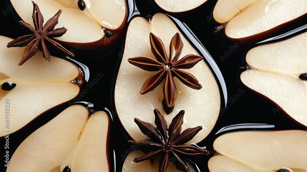 Poster a macro of cut apples and star anise on dark background with syrup streaming above