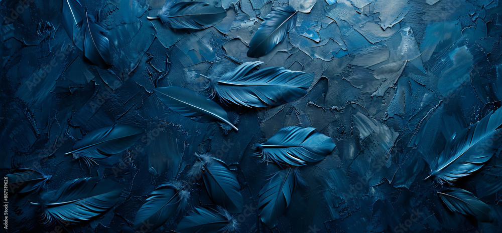 Poster abstract background with a blue feather texture, in a macro shot. an elegant dark wallpaper for desi
