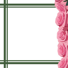 green sqare frame. template with space for text with pink roses