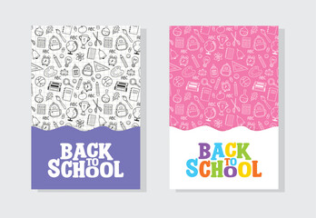 Collection of Back to School backgrounds with cartoon stationery. Vector illustration