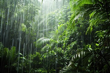 A lush tropical rainforest with heavy rain pouring down on the dense foliage