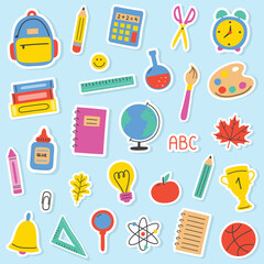 Back to School set with cartoon stickers. Supply icons. Vector illustration