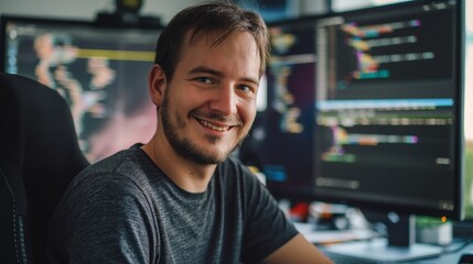 A creative male game developer in a casual t-shirt, smiling at the camera, with a computer screen displaying game code and graphics in the background, representing innovation in game development