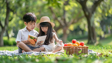 A girl and boy sit on grass, reading near a picnic blanket with fruits, in a lush green park.