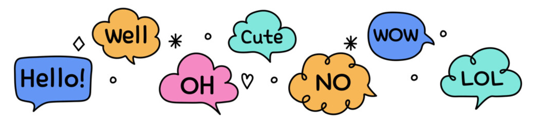 Fototapeta premium Colourful set with hand drawn speech bubbles. Cartoon chat boxes with handwritten text. Vector illustration