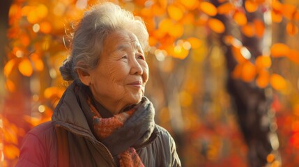 Fototapeta premium Elderly Asian woman with grey hair enjoying fall foliage outdoors. Concept of park, autumn scenery, senior female, nature, outdoor relaxation. Copy space