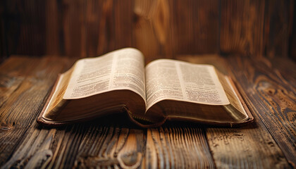 Obraz premium Open Bible on wooden table, closeup. Christian religious book