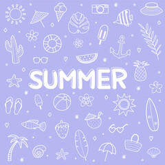 Cute hand drawn summer icon set. Background with holiday elements. Vector illustration