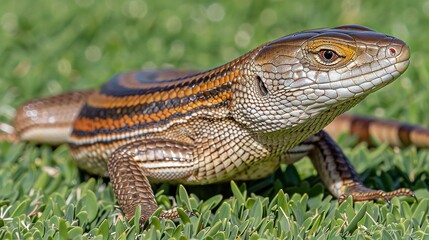 Naklejka premium A close-up of a lizard on a field of grass with grass in the foreground and grass in the background