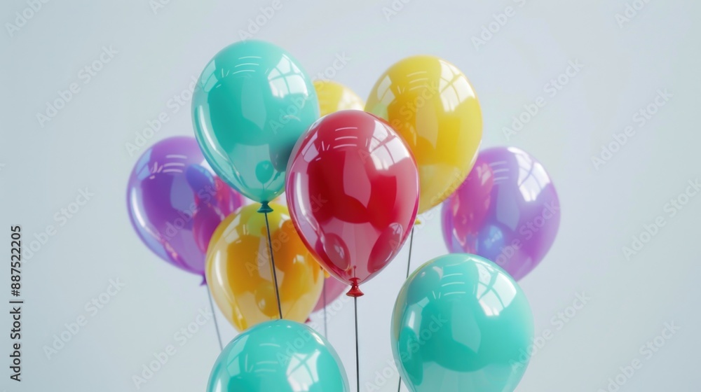 Poster A cluster of vibrant balloons suspended in mid-air, ideal for use as a decorative element or to add a pop of color to your design