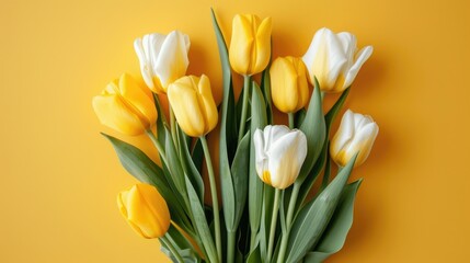 Fototapeta premium Flat lay of a beautiful yellow and white tulip bouquet on a sunny yellow background, great for fresh floral arrangements