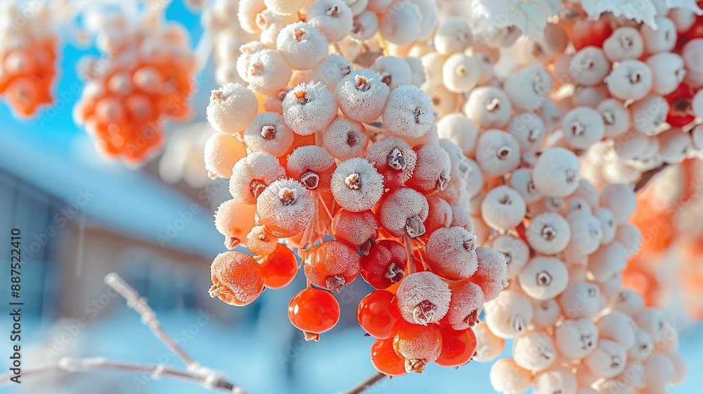 Aufkleber a close-up of a cluster of berries on a tree branch, surrounded by snow-covered branches and a build
