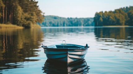 Rowboat on a Calm Lake with Forest Background Concept of Tranquility, Nature, Serenity, Outdoor Activity. Copy space