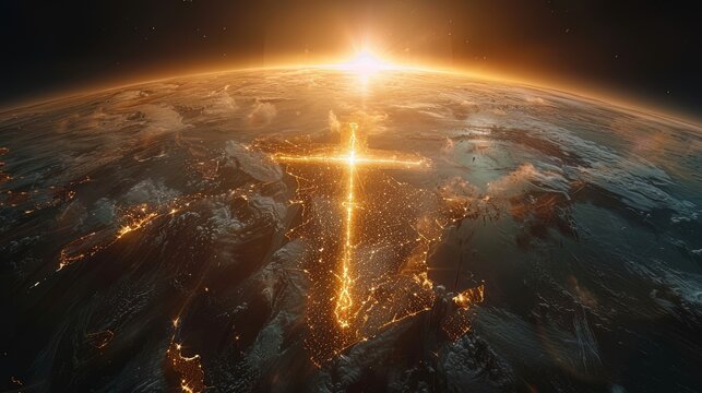 Shiny glowing golden Christian religion faith cross symbol sign above the planet earth globe. Jesus Christ gospel and crucifixion evangelism, international missionary organization,worldwide fellowship