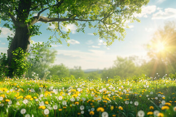 A meadow full of small flowers and a tree