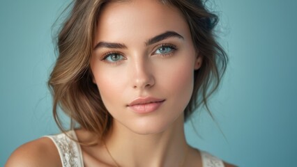 Obraz premium Close up portrait of a beautiful woman with clear skin and blue eyes, looking confident and serene against a blue background.