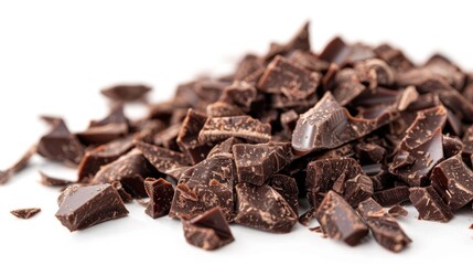 Obraz premium A close-up shot of a pile of chocolate pieces on a white surface, perfect for use in food or confectionery advertising